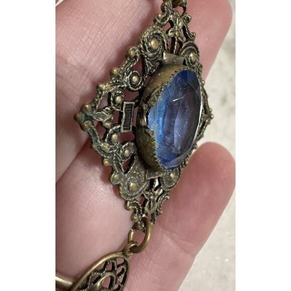 Antique Victorian Czech Blue Glass Filigree Bib Choker Necklace - Picture 14 of 14